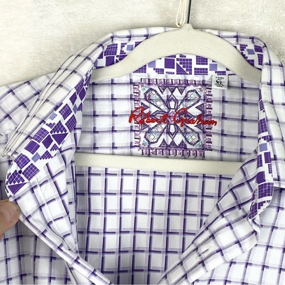 Robert Graham White and Purple Checkered Casual Button Down Shirt - Picture 3 of 15